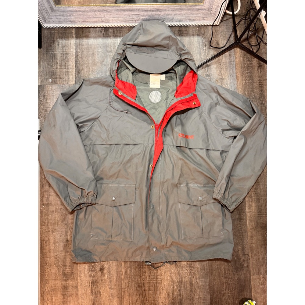 Stearns Vintage Mens Gray Rain Jacket Hooded Waterproof Utility Coat Size Large